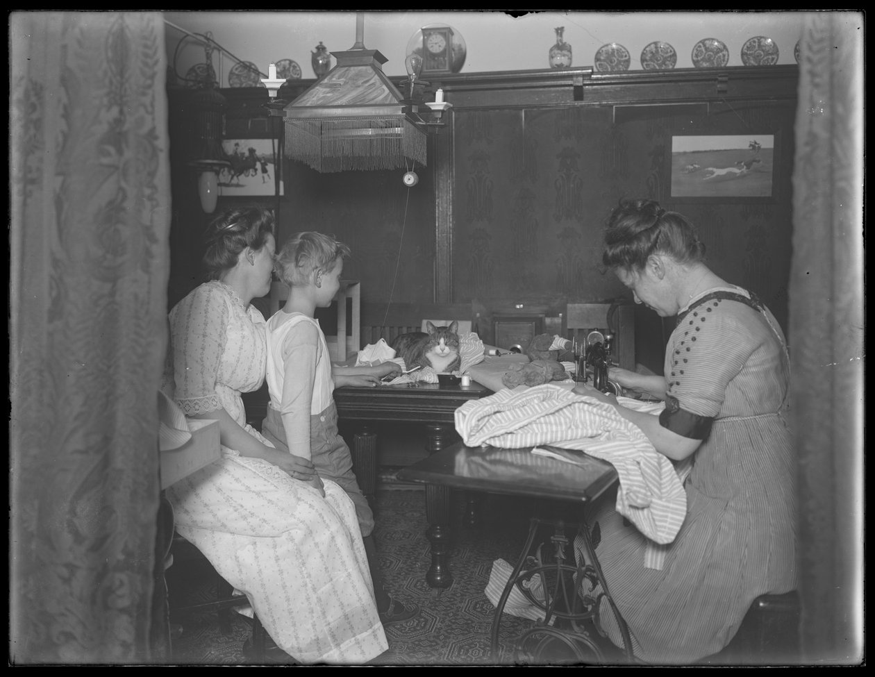 Ethel Gray Magaw Hassler, William Gray Hassler (bambino), Harriet E. Hassler (che usa la macchina da cucire) e Reddy (gatto) nella sala da pranzo di 150 Vermilyea Avenue, Appartamento 44, New York City, c.19 da William Davis Hassler