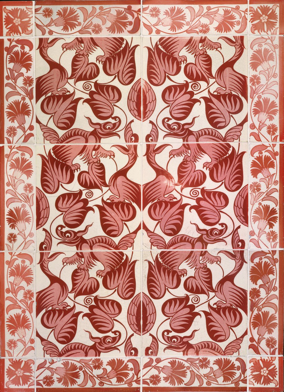 Pannello di piastrelle con motivo ripetuto di uccelli, draghi e fogliame, c.1882-88 da William de Morgan
