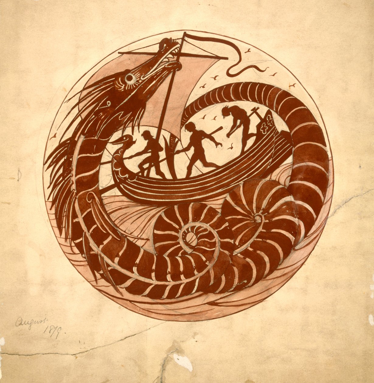 Progetto per un Piatto con un Drago Marino e Barca da William de Morgan