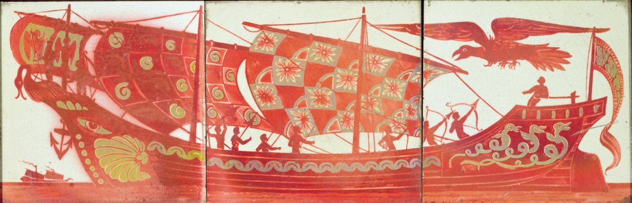 Tre piastrelle raffiguranti una nave da William de Morgan