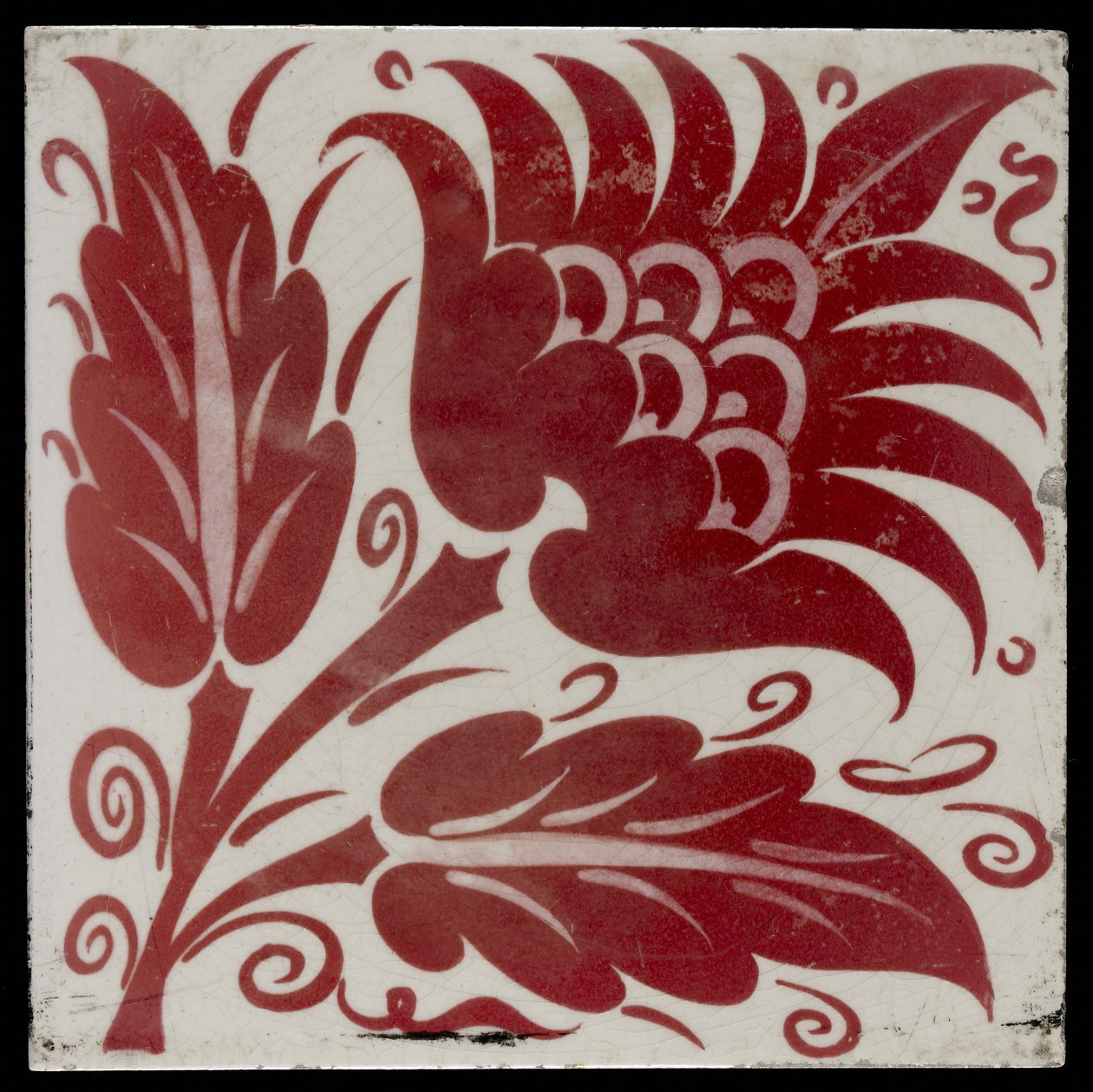 Piastrella con fiore stilizzato con due foglie e viticci, 1882-88 da William de Morgan