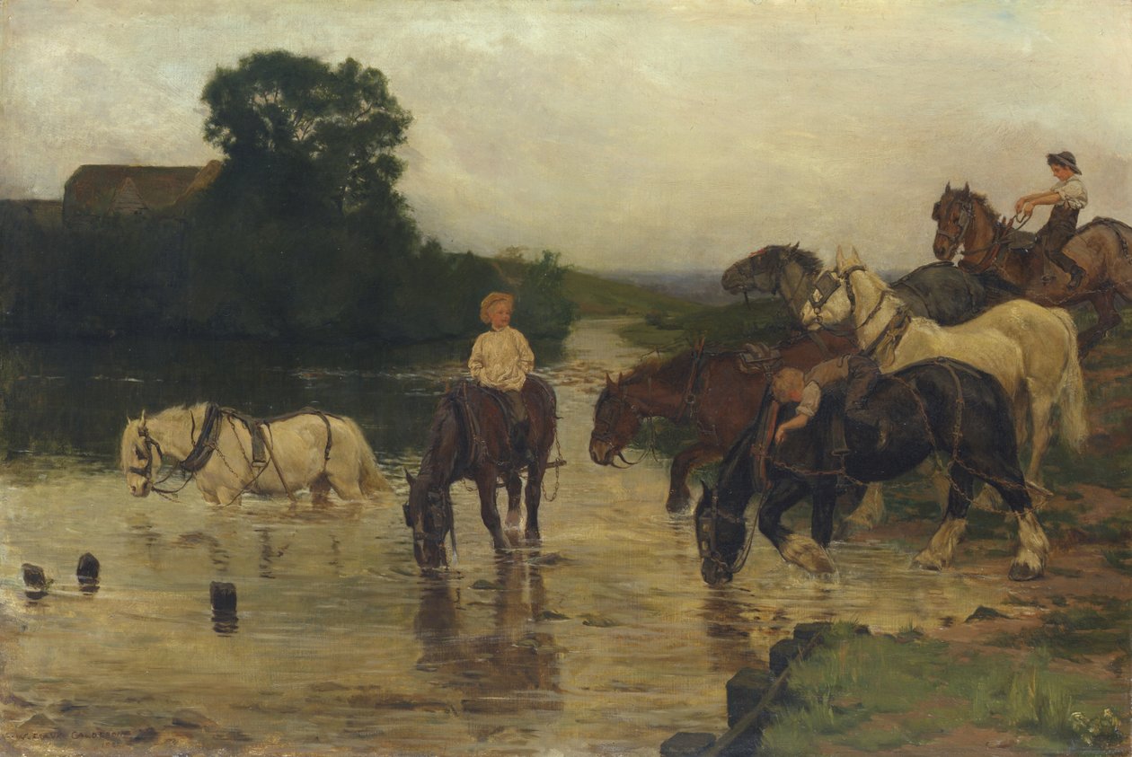 Cavalli al bagno dopo il lavoro, 1884 da William Frank Calderon