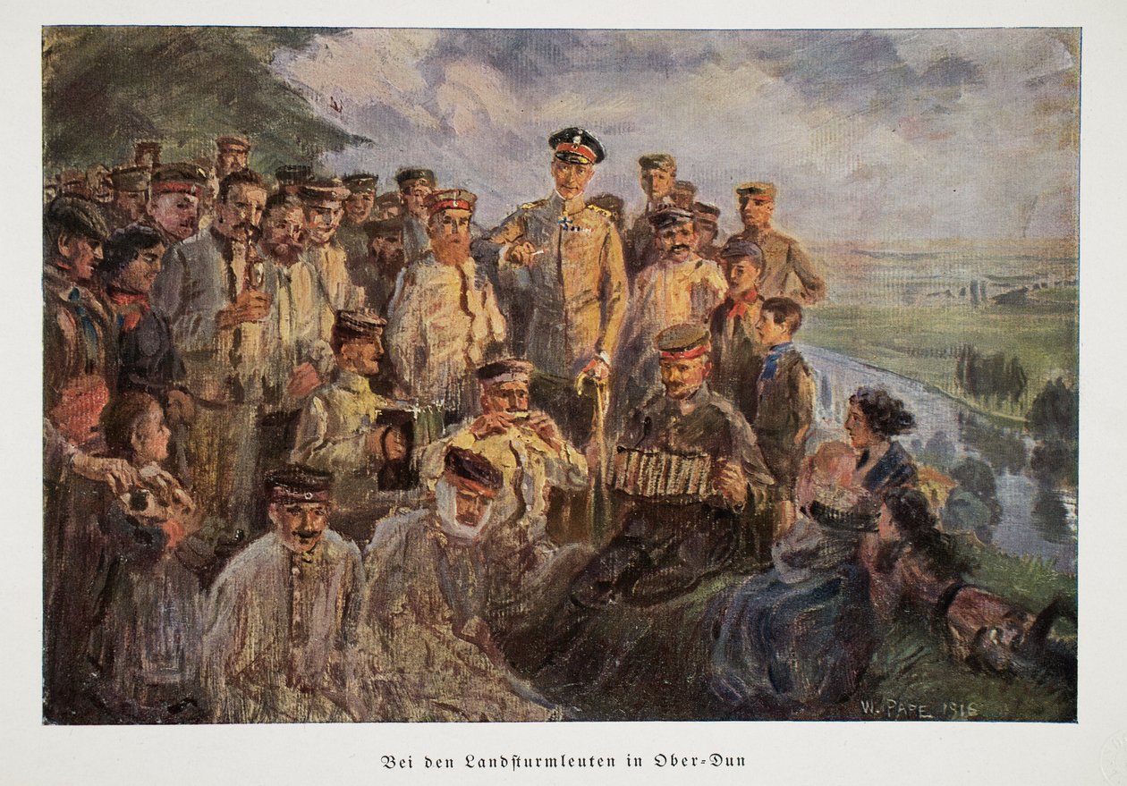 Guglielmo, principe ereditario di Germania, visita le truppe che si rilassano con le loro famiglie durante il riposo, pub. 1918 da William Friedrich Georg Pape