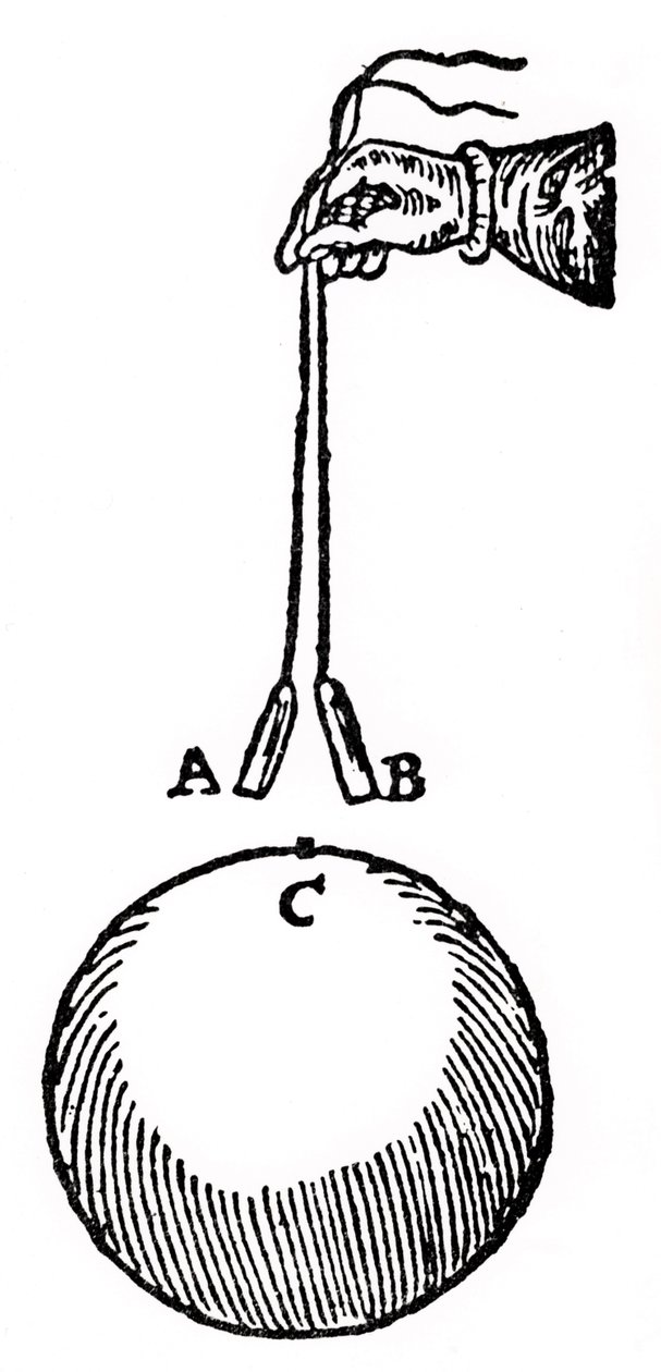 Esperimento di Gilbert per dimostrare che due pezzi di filo di ferro, A,B, posti vicino al polo, C, di un magnete, avranno lo stesso magnetismo indotto in loro e quindi si respingeranno. Da William Gilbert da William Gilbert
