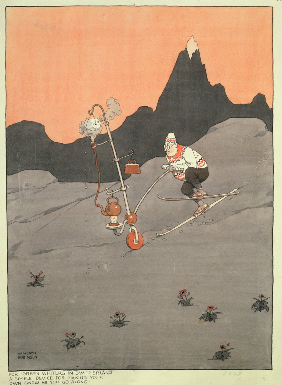 Per inverni verdi in Svizzera - Un semplice dispositivo per fare la neve mentre si cammina da William Heath Robinson