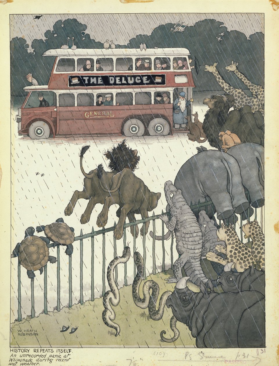 La storia si ripete: un panico non registrato a Whipsnade durante il recente maltempo da William Heath Robinson