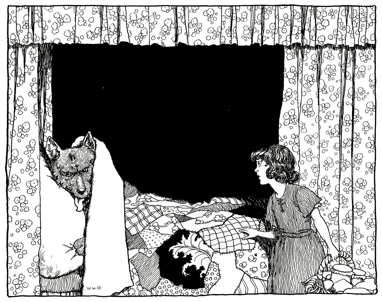 Cappuccetto Rosso Andò al Letto, illustrazione da Old Time Stories di Charles Perrault, pub. da Constable & Co Ltd, 1921 da William Heath Robinson