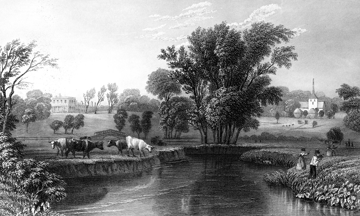 Stisted Hall e Chiesa, Essex, inciso da William Wallis, 1832 da William Henry Bartlett
