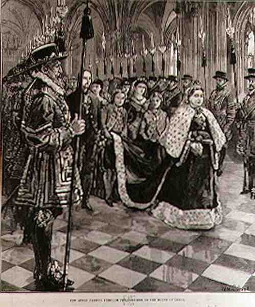 La Regina attraversa il corridoio verso la Camera dei Lord, da The Illustrated London News, 30 gennaio 1886 da William Heysham after Overend