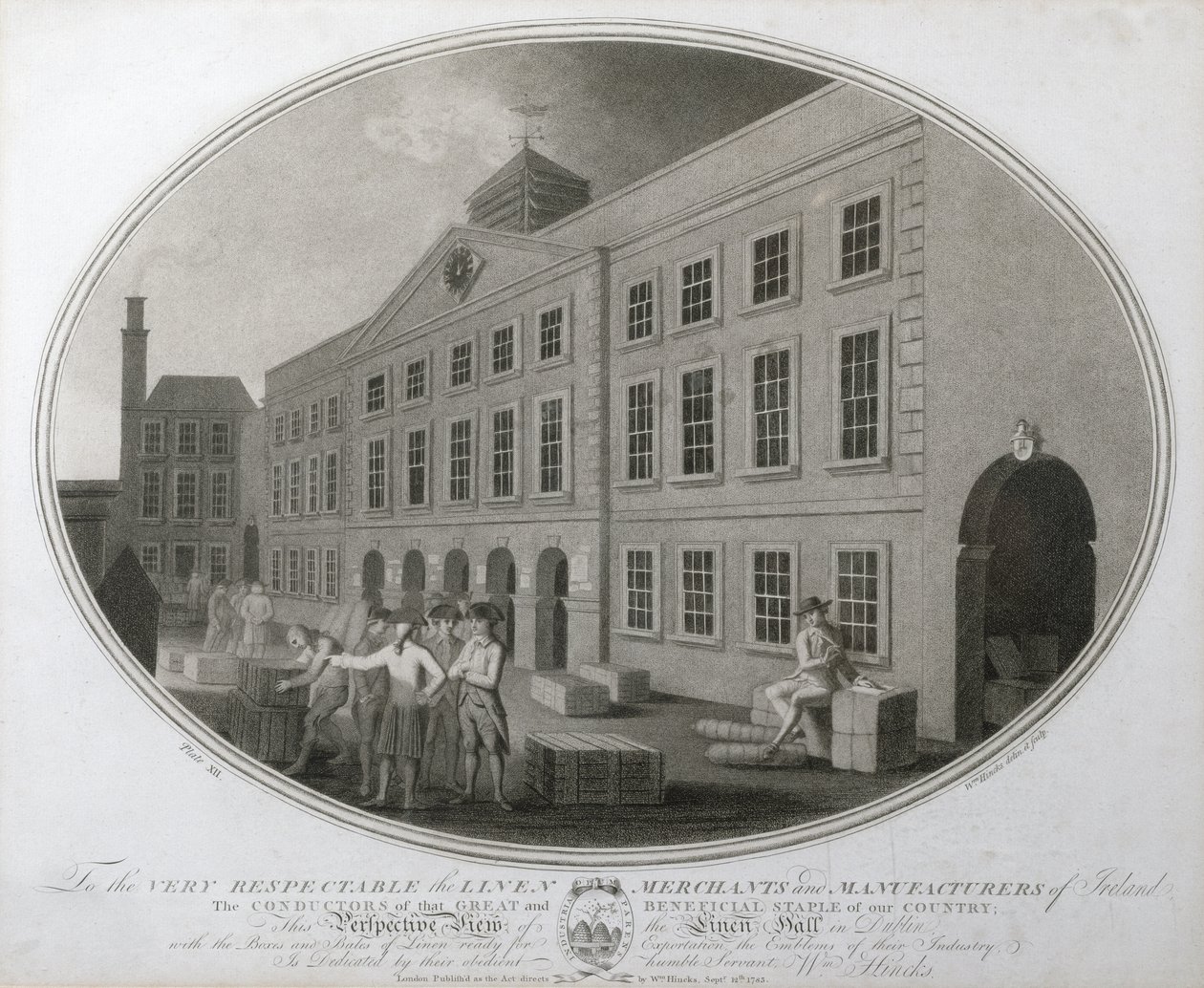 Veduta prospettica della Linen Hall a Dublino, tavola XII di The Linen Manufactory of Ireland, 1783 da William Hincks