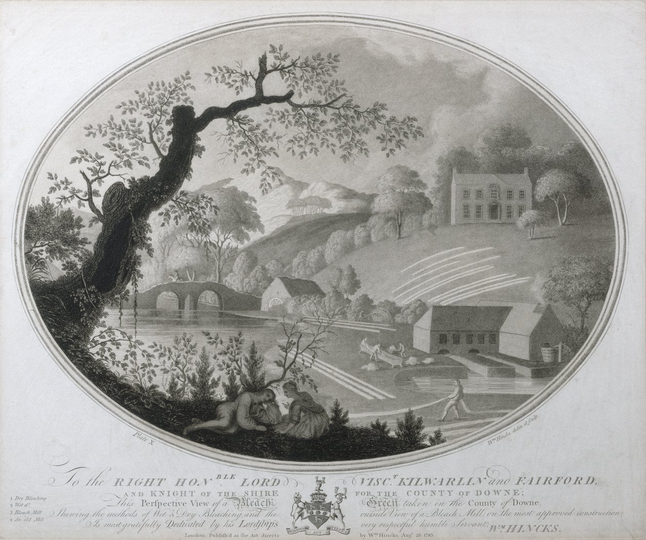 Vista prospettica di un prato per la candeggiatura nella contea di Downe, tavola X di La manifattura del lino in Irlanda, 1783 da William Hincks