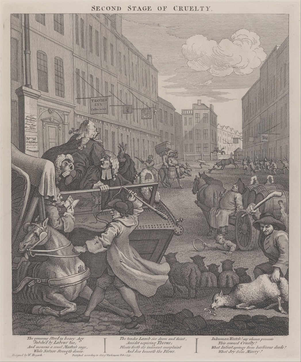 Il secondo stadio della crudeltà- Cocchiere che picchia un cavallo caduto da William Hogarth