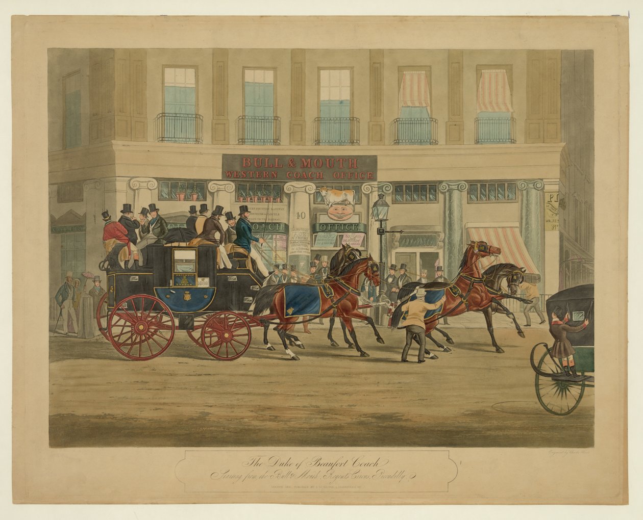 La carrozza del Duca di Beaufort, partenza dal Bull & Mouth, Regents Circus, Piccadilly, pub. 1841 da William Joseph Shayer