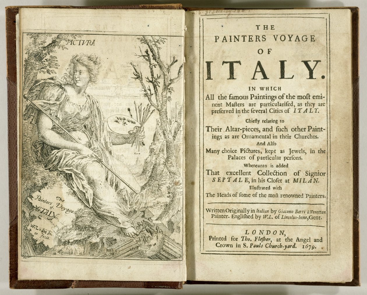 Pagina del titolo da Il viaggio dei pittori in Italia... di Giacomo Barri, 1679 da William Lodge