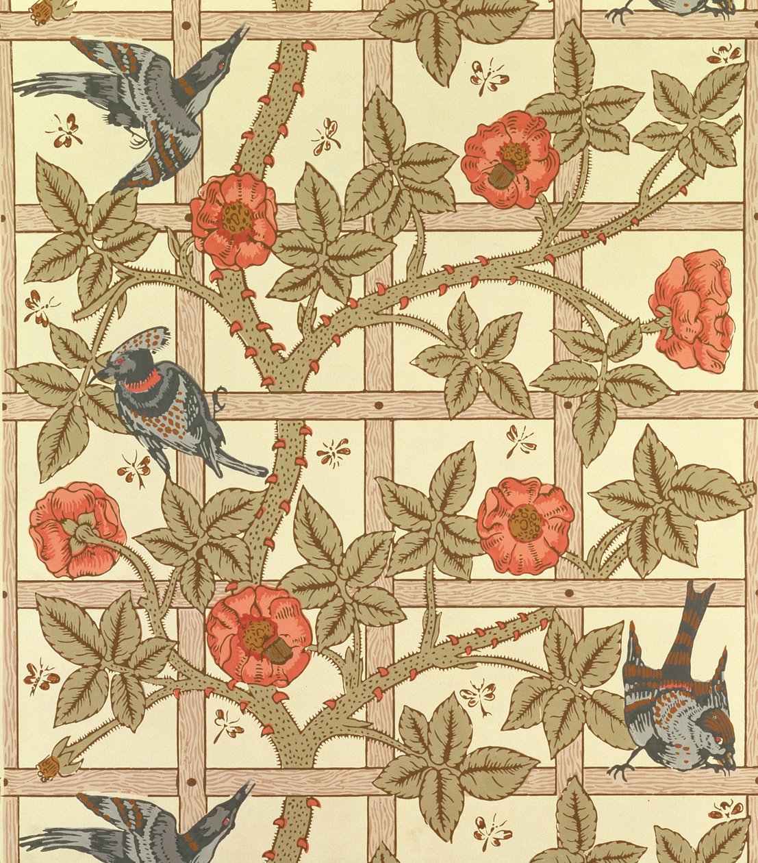 Disegno di carta da parati blu e arancione a traliccio, 1864 da William Morris