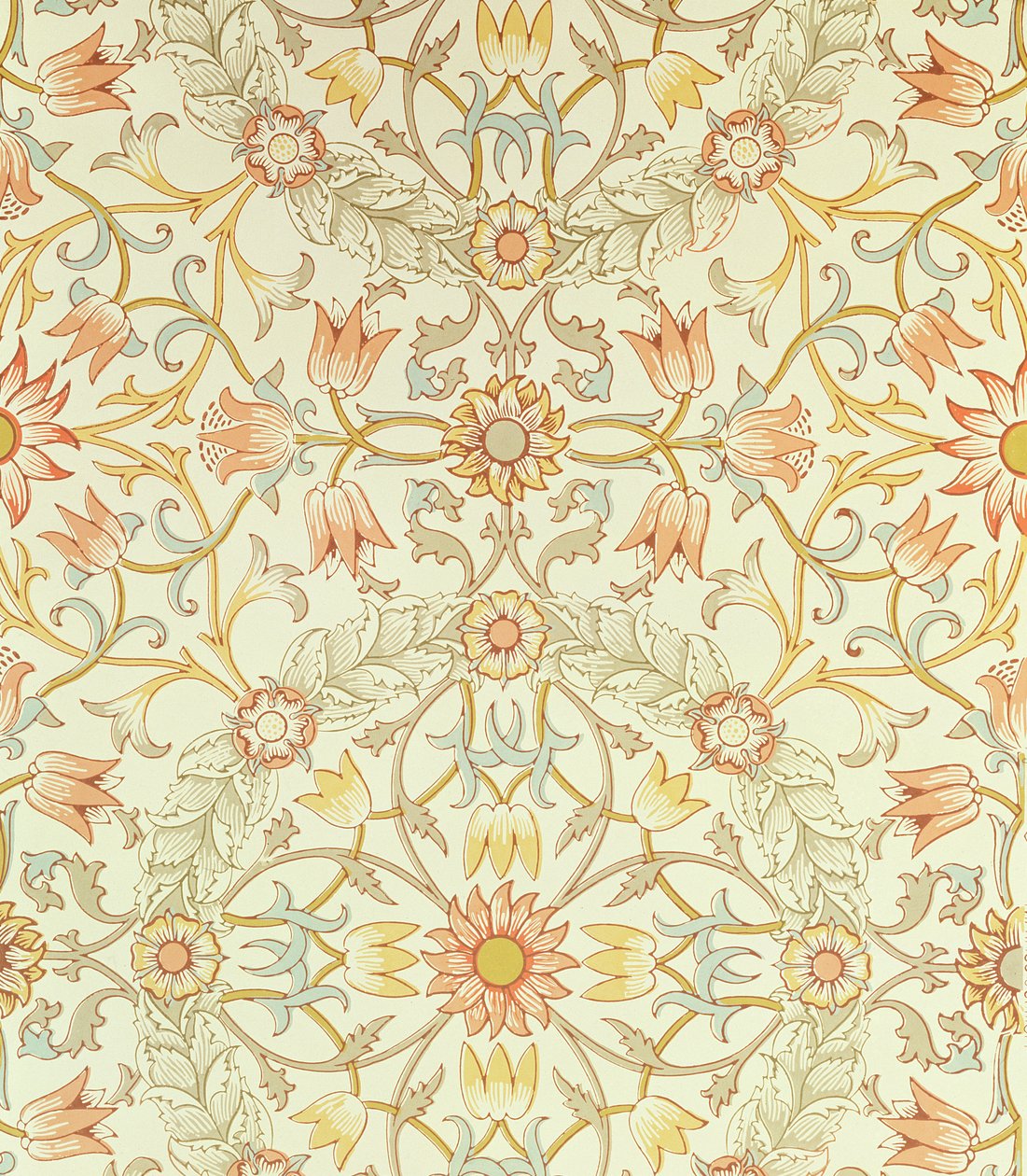 Carta da parati con un disegno floreale di gigli racchiusi da rose disegnato da William Morris da William Morris