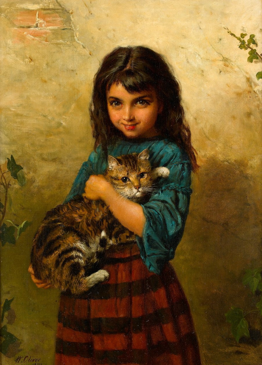Piena di malizia, una ragazza con il suo gatto da William Oliver