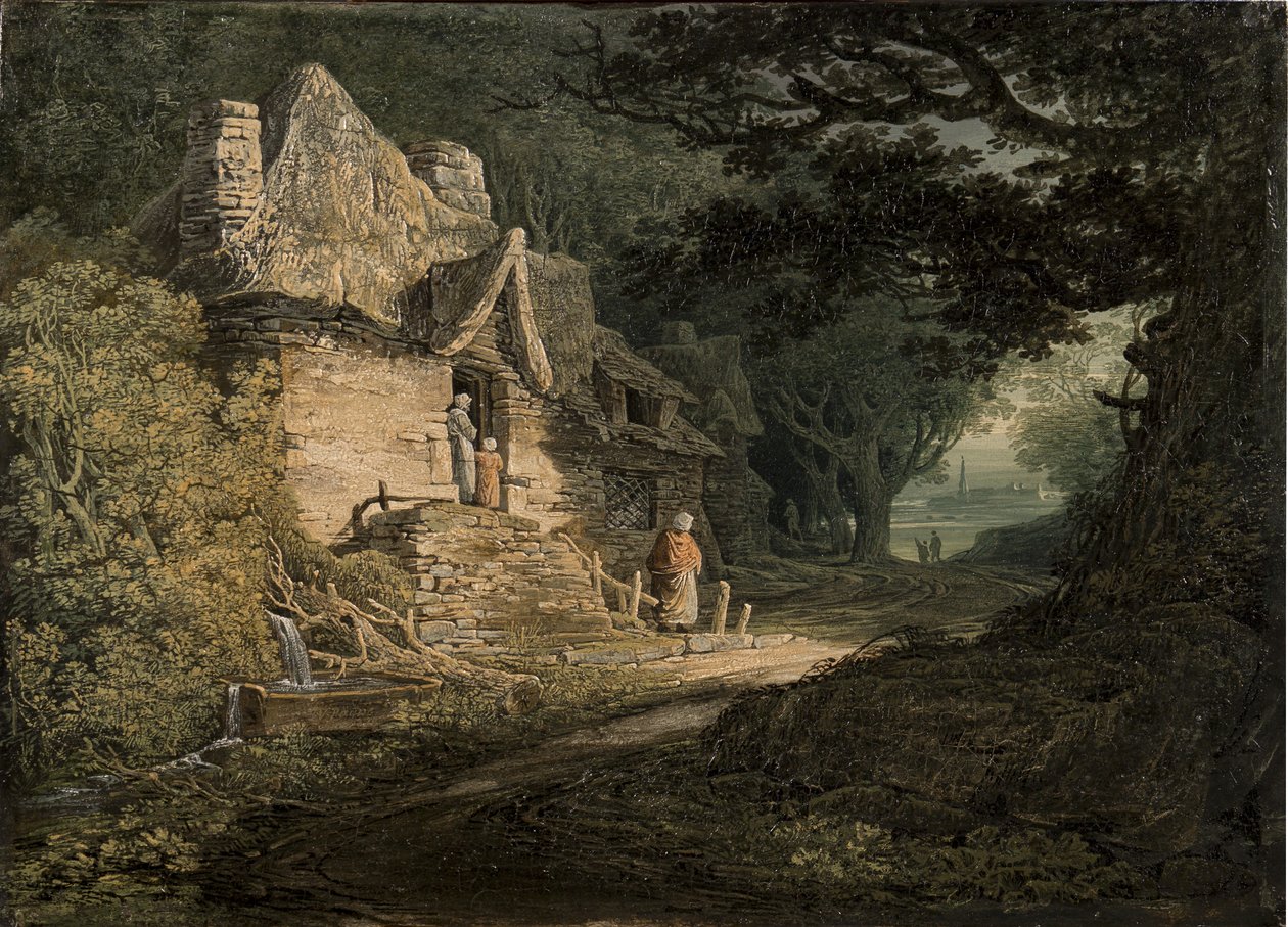 Un cottage vicino a un sentiero boschivo da William Payne