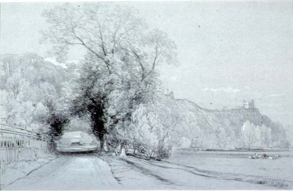Strada che costeggia prati e un castello da William Roxby Beverly