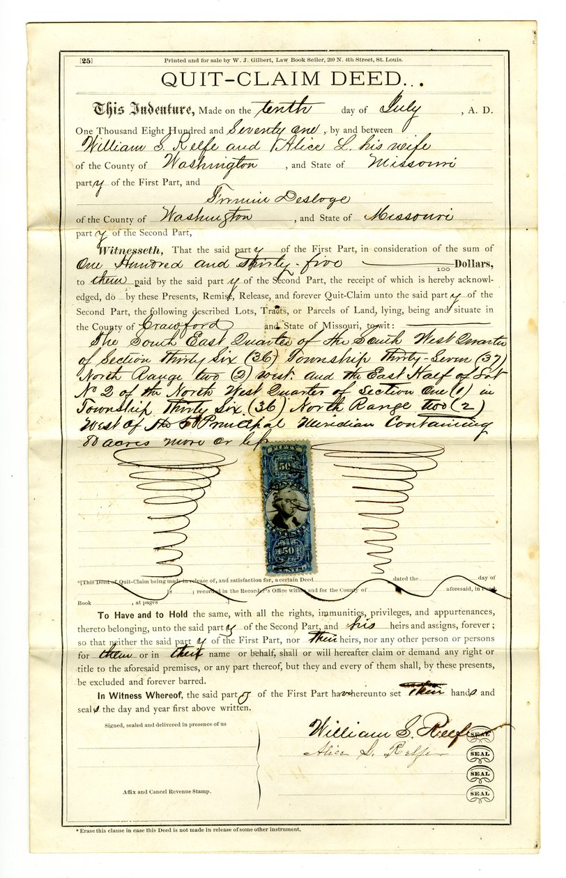 Atto di rinuncia firmato da William S. Reefe e Alice L. Reefe della contea di Washington, 10 luglio 1871 da William S. Reefe