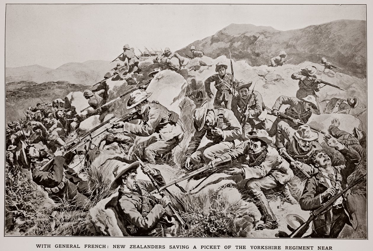 Con il generale French: neozelandesi salvano un picchetto del reggimento dello Yorkshire vicino a Slingersfontein il 15 gennaio, da uno schizzo di G.D. Giles (fl.1890) da William Small