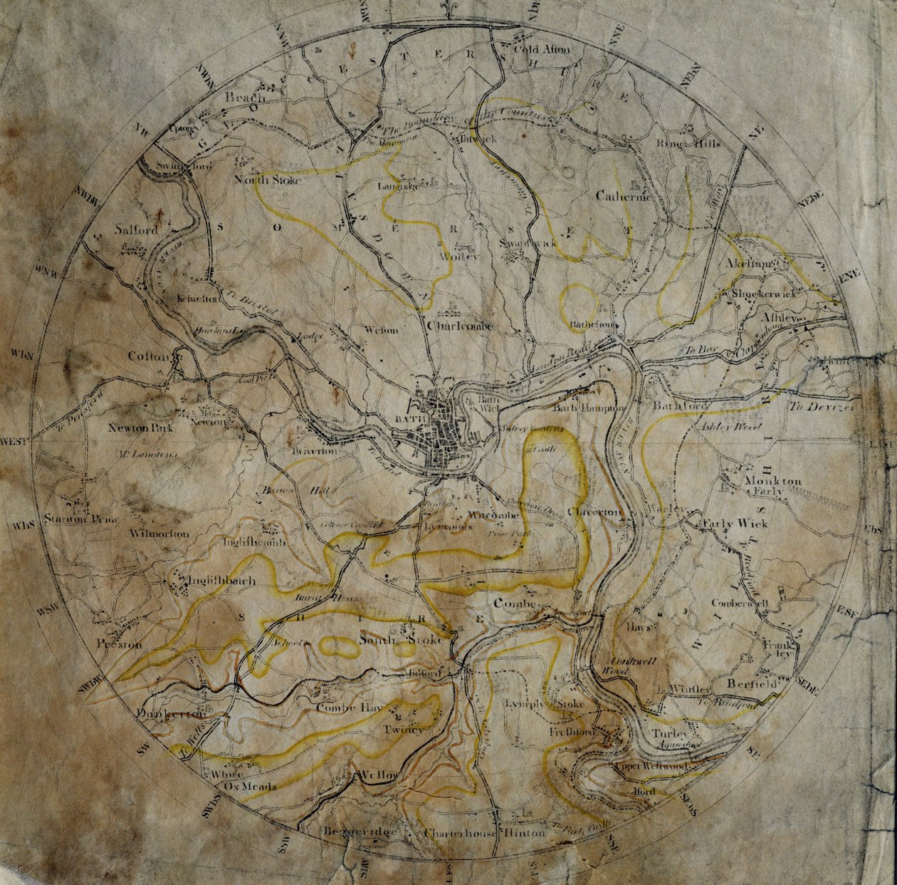 Mappa geologica dei dintorni di Bath, incisa da John Cary e poi colorata a mano dall