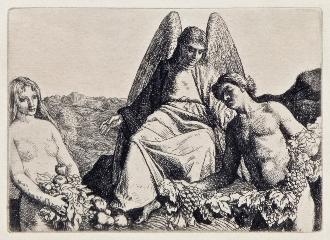 Adamo ed Eva intrattengono Raffaele da Il paradiso perduto di John Milton (1608-1674) una serie di 12 illustrazioni incise da William Strang (1859-1921) da William Strang