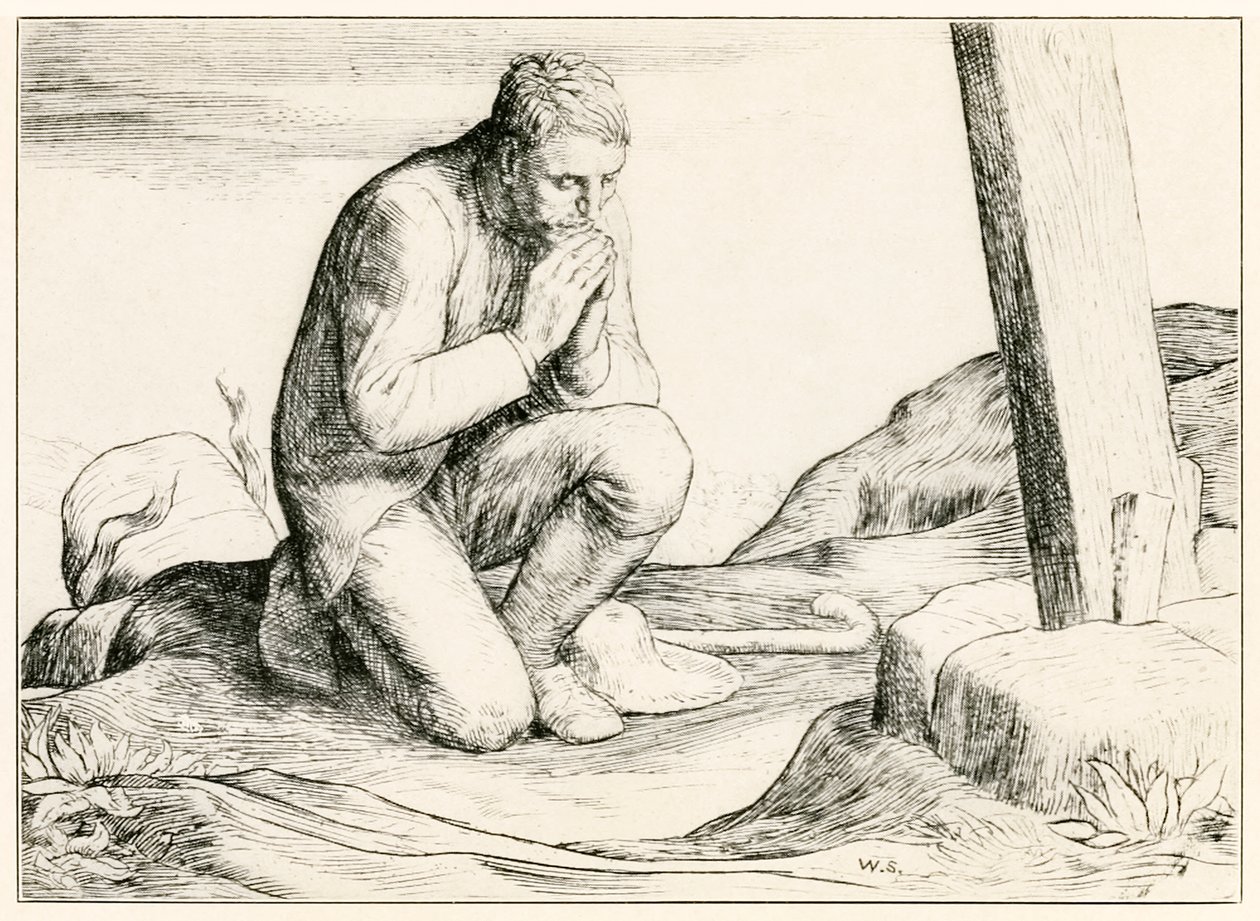 "Cristiano perde il suo fardello" da "Il Viaggio del Pellegrino da Questo Mondo a Quello che Verrà" di John Bunyan da William Strang