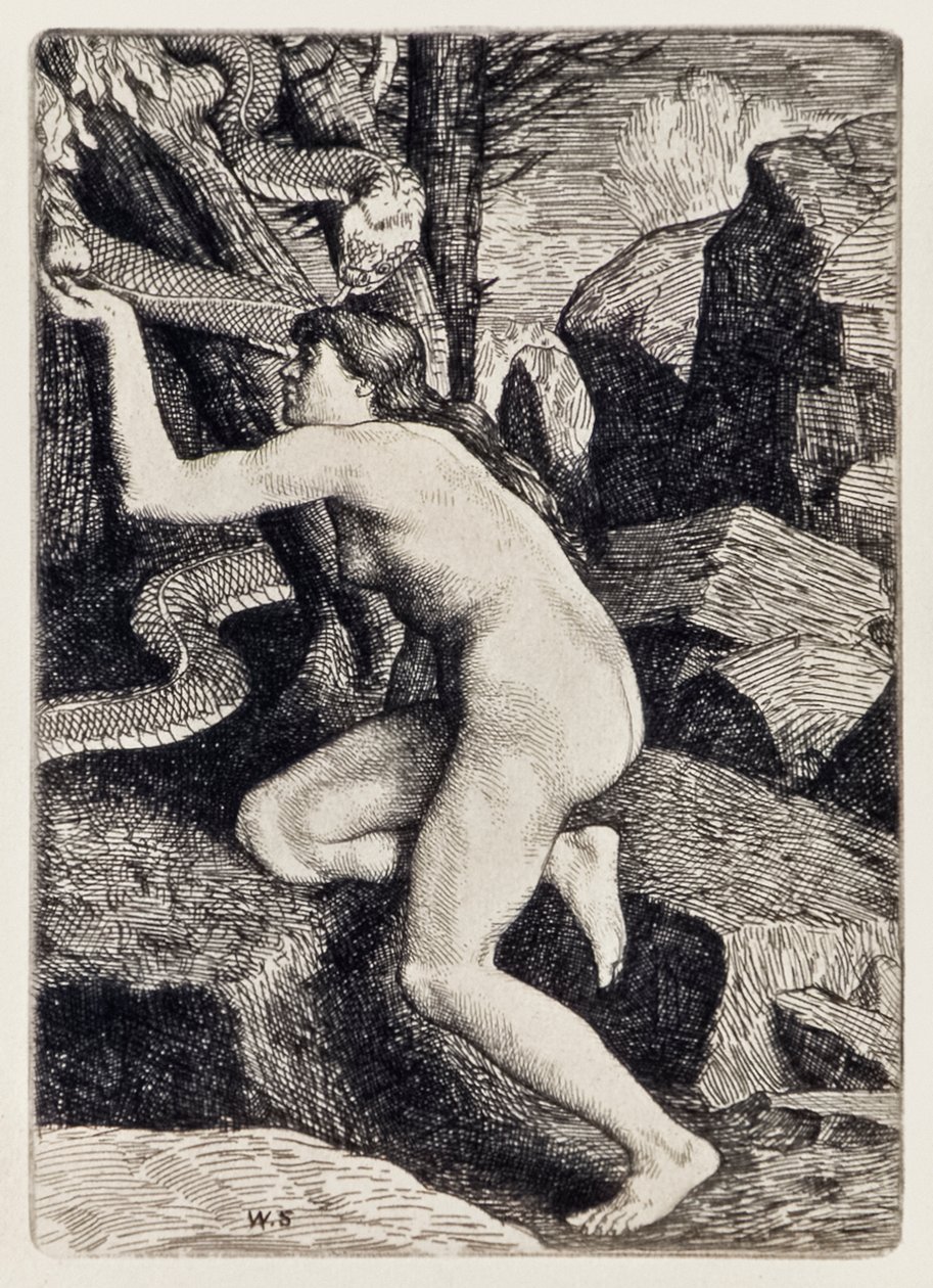 Eva tentata da Satana in forma di serpente da Il paradiso perduto di John Milton (1608-1674) una serie di 12 illustrazioni incise da William Strang (1859-1921) da William Strang