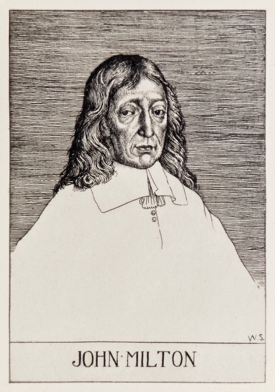 Frontespizio ritratto di John Milton da Paradiso Perduto, serie di 12 illustrazioni incise da William Strang da William Strang