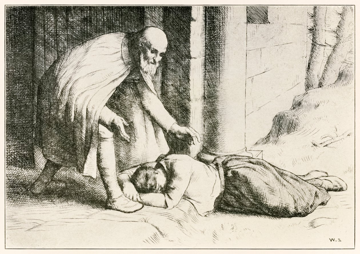 Mercy sviene davanti al cancello da Il progresso del pellegrino da questo mondo a quello che verrà di John Bunyan (1628-1688) illustrazione di William Strang (1859-1921) da William Strang