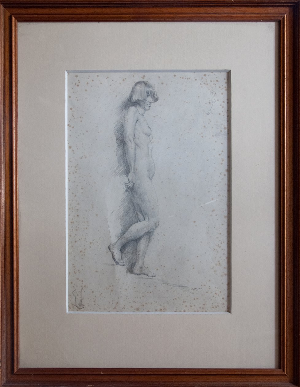 Nudo, vista di profilo a figura intera, piede destro sollevato da William Strang