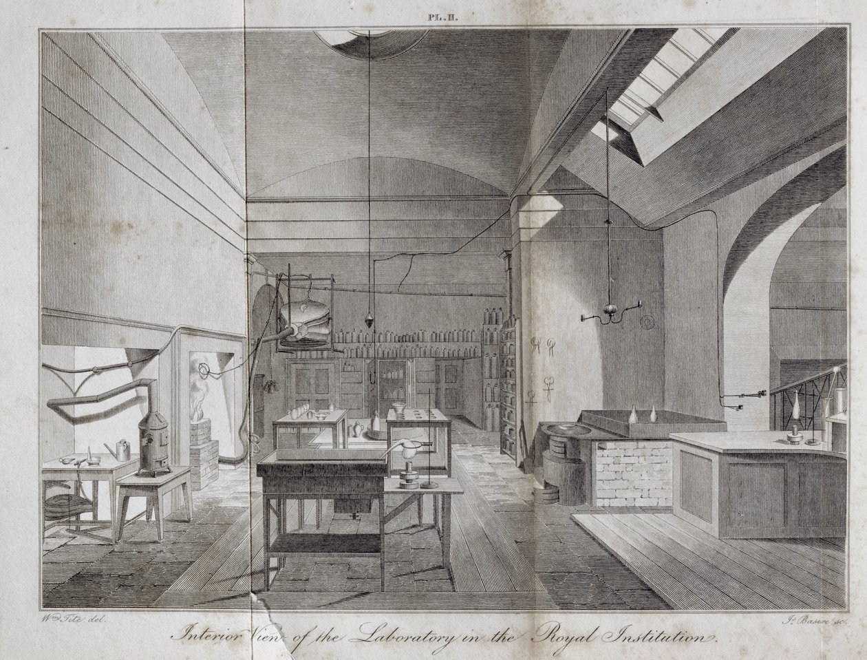 Vista interna del laboratorio nella Royal Institution, inciso da James Basire da A Manual of Chemistry di William Thomas Brande, pubblicato nel 1819 da William Tite