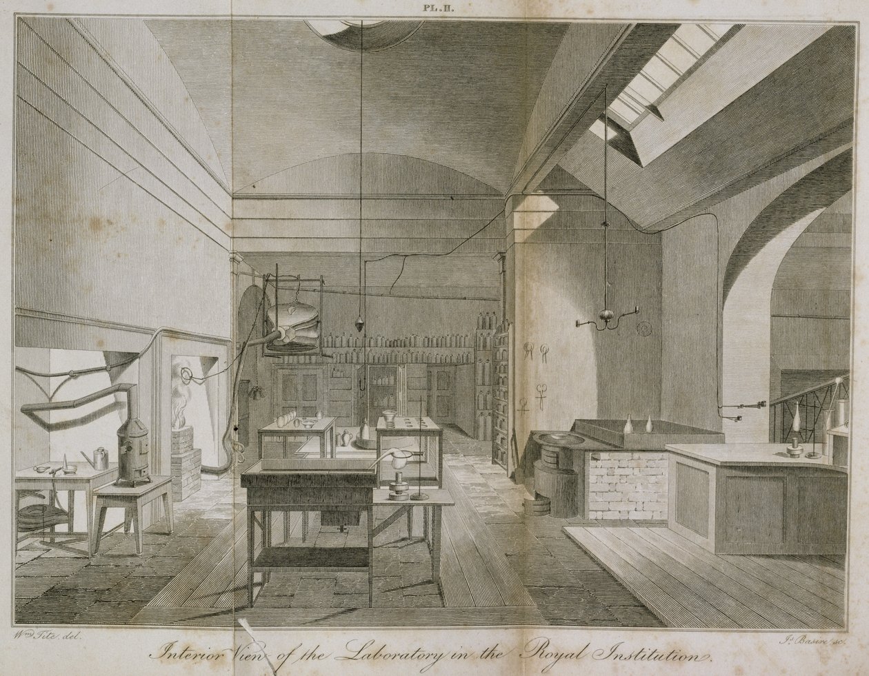 Interno del laboratorio sotterraneo delle Istituzioni Reali, da Manual of Chemistry di W.T. Brande, inciso da James Basire da William Tite