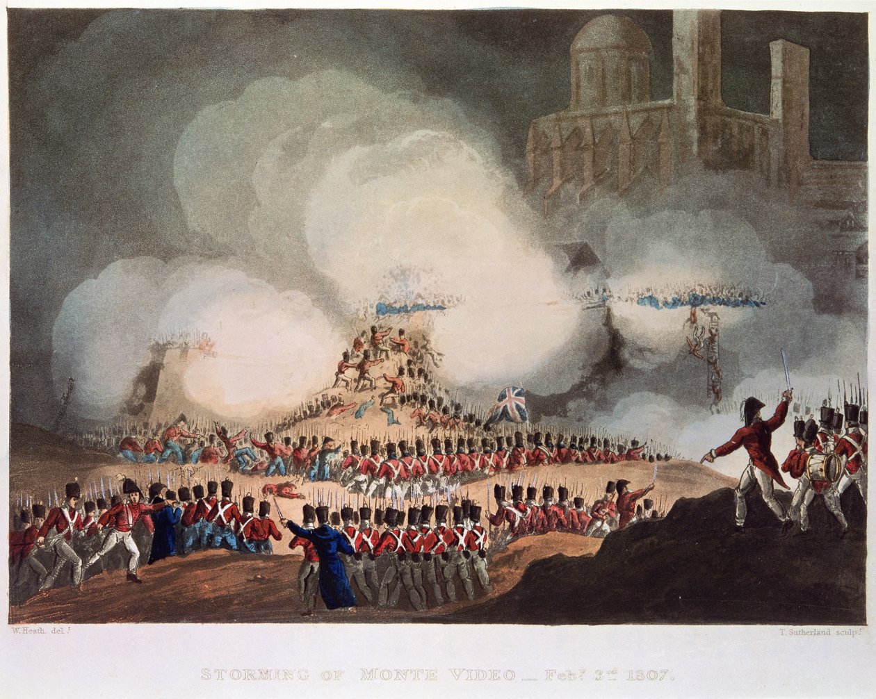 Assalto di Montevideo, 3 febbraio 1807, inciso da Thomas Sutherland (n.c.1785) da William after Heath