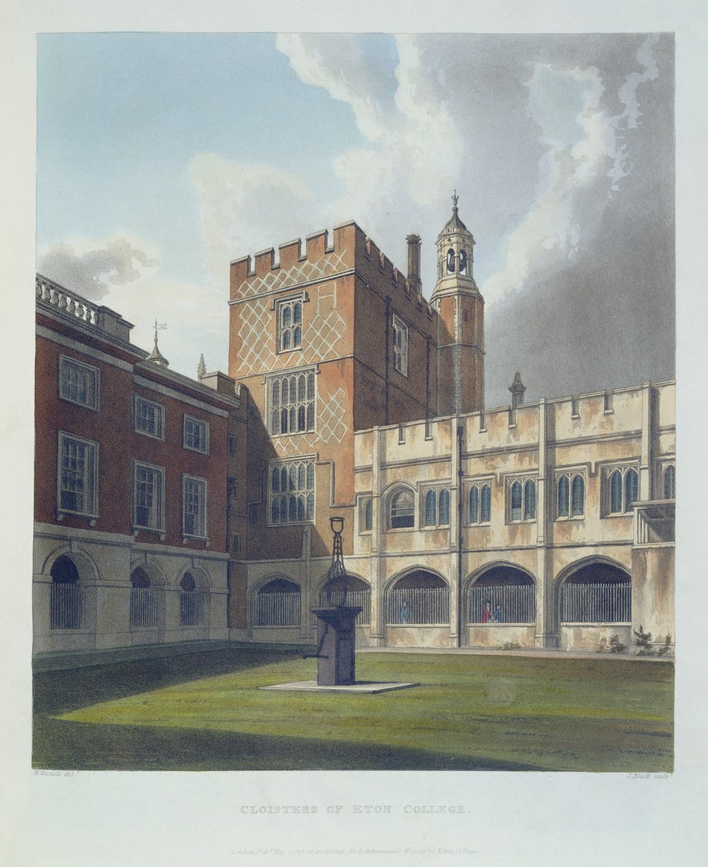 Chiostri del Eton College, da Storia del Eton College, parte di Storia dei Collegi, inciso da J. Bluck (fl.1791-1831) pub. da R. Ackermann, 1816 (acquatinta) da William after Westall