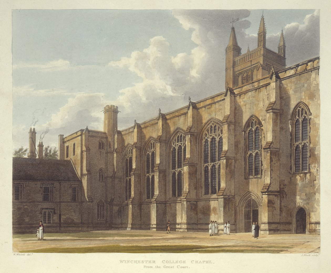 Cappella del Winchester College dal Grande Cortile, da Storia del Winchester College, parte di Storia dei Collegi, inciso da J. Bluck (fl.1791-1831) pub. da R. Ackermann, 1816 (acquatinta) da William after Westall