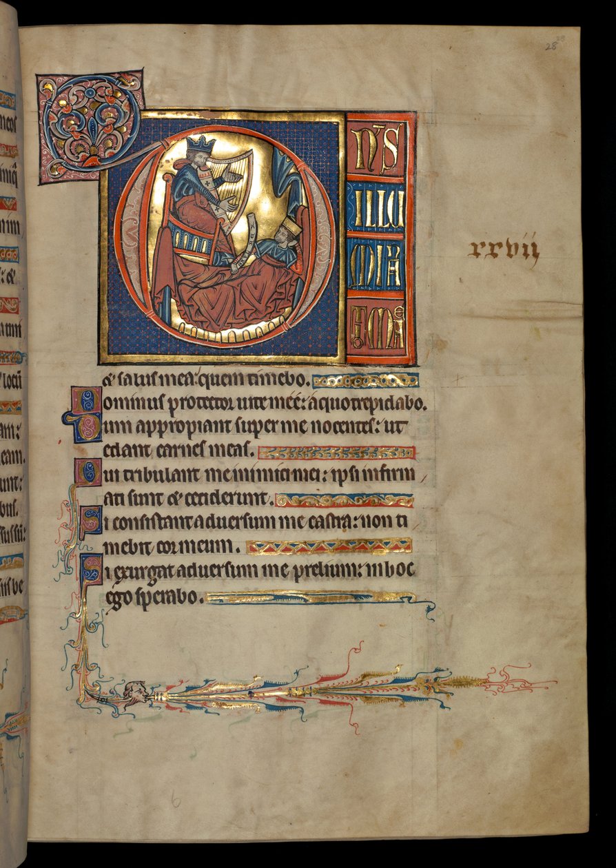 Ms 322 f.28r, Salmo 26, iniziale D, David che suona l