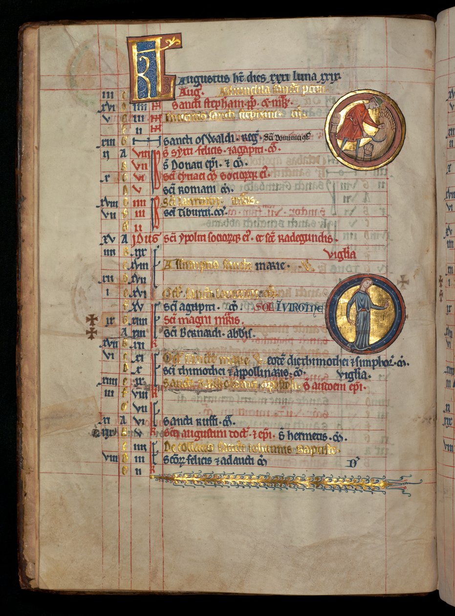 Ms 322 f.4v, agosto, un uomo che taglia il grano, illustrazione dal 