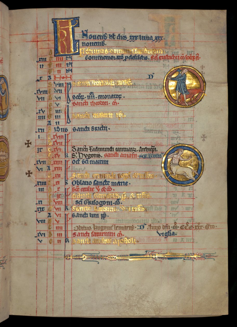 Ms 322 f.6r, novembre, un uomo che macella un maiale, illustrazione dal 