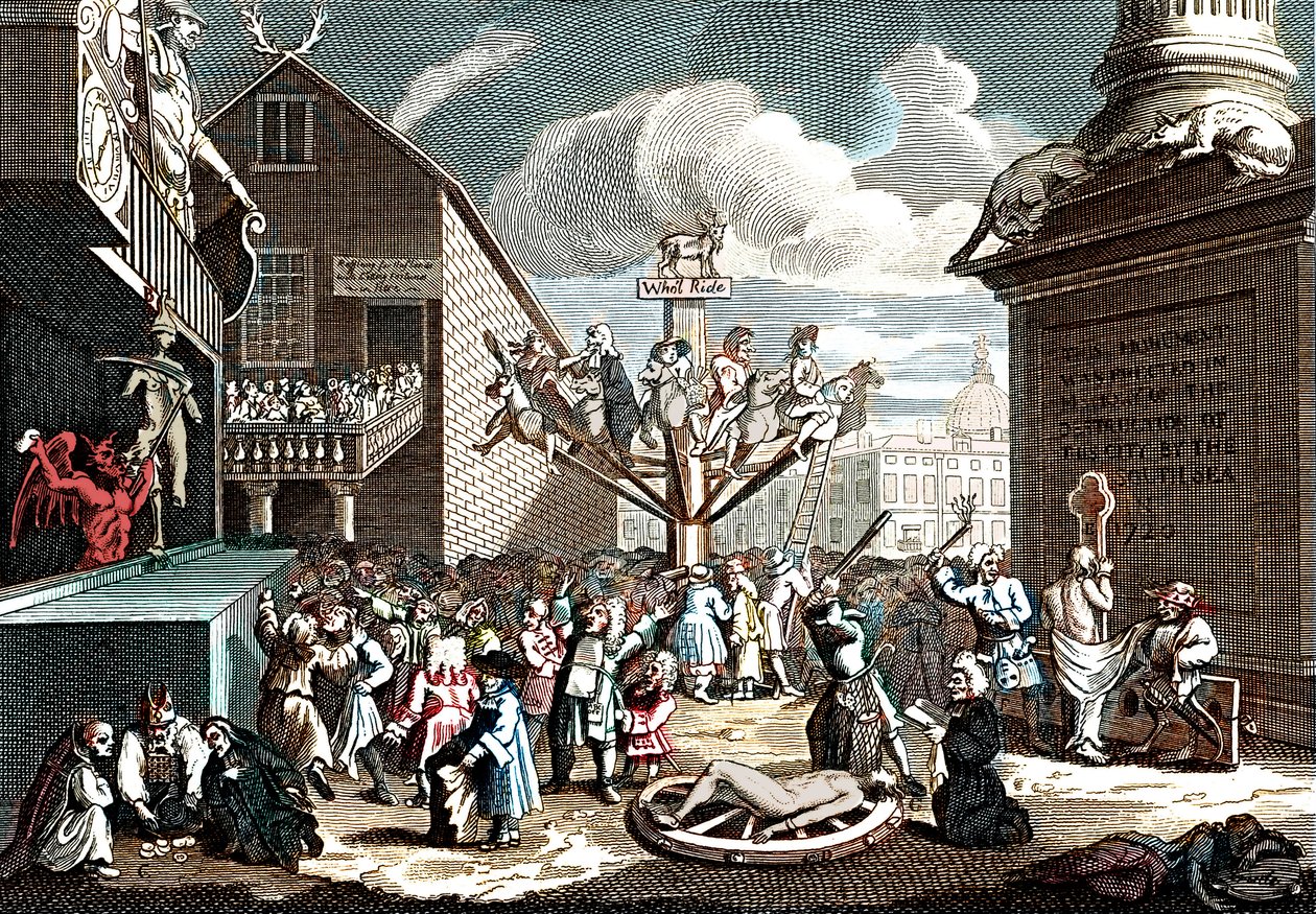 Stampa emblematica dello schema del Mare del Sud da William (after) Hogarth