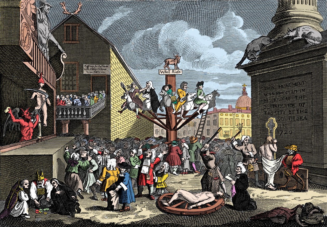 Stampa emblematica dello Schema del Mare del Sud da William (after) Hogarth