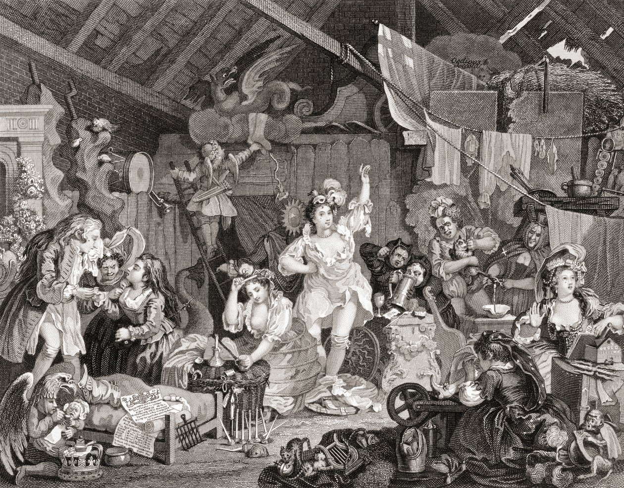 Attori itineranti che provano in un granaio, inciso da G Presbury, da The Works of Hogarth pubblicato a Londra nel 1833 da William (after) Hogarth