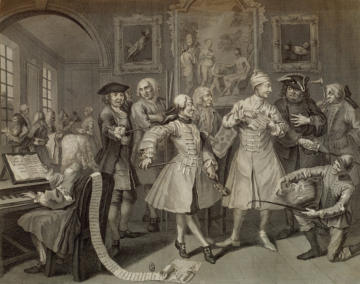 Tom Rakewell circondato da artisti e professori, tavola II da La carriera di un libertino, incisione da dipinto di William Hogarth (1697-1764) da William (after) Hogarth