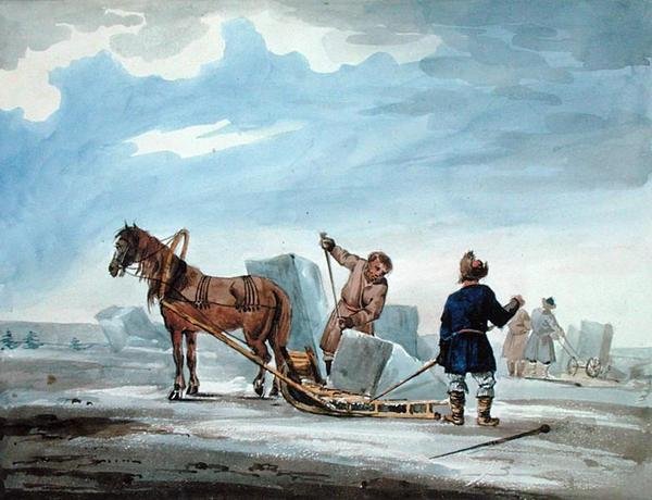 Trasporto del ghiaccio con slitta trainata da cavalli, da 
