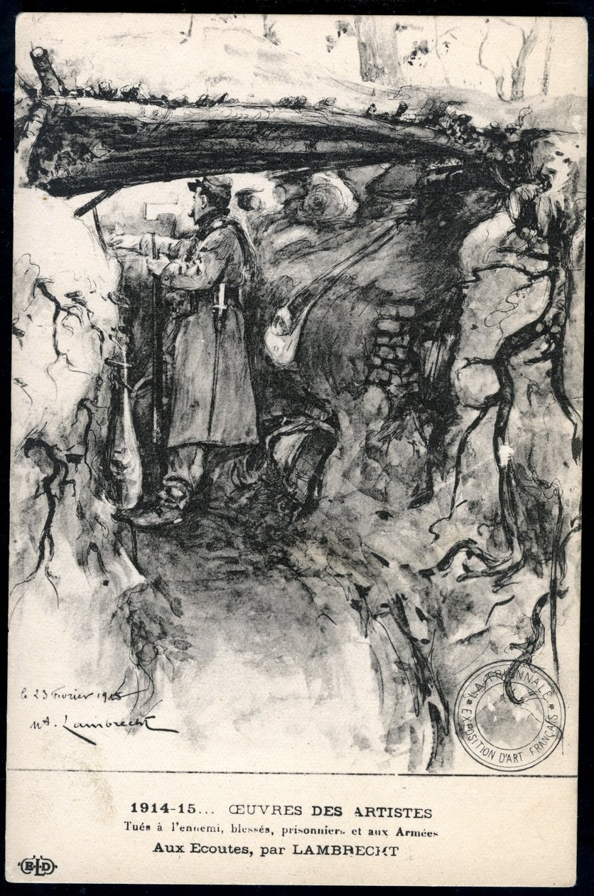 Prima Guerra Mondiale - Guerra 14-18 (1914-1918) - Prima Guerra Mondiale (WWI o WW1): Francia, Mappa patriottica che mostra un disegno di un soldato in una trincea che osserva la linea del fronte, intitolata: 