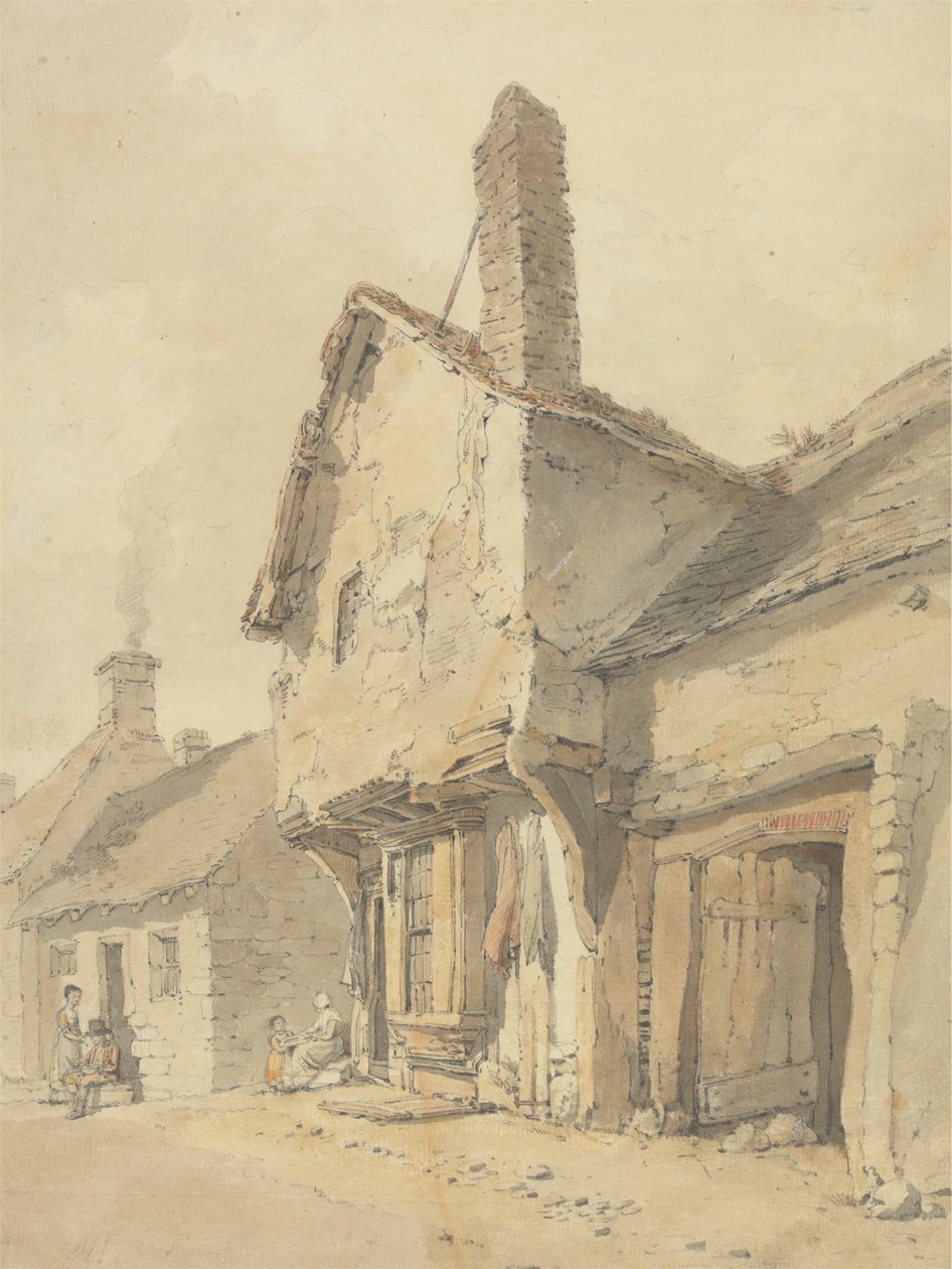 Una strada di villaggio, figure vicino a vecchie case da William Alexander