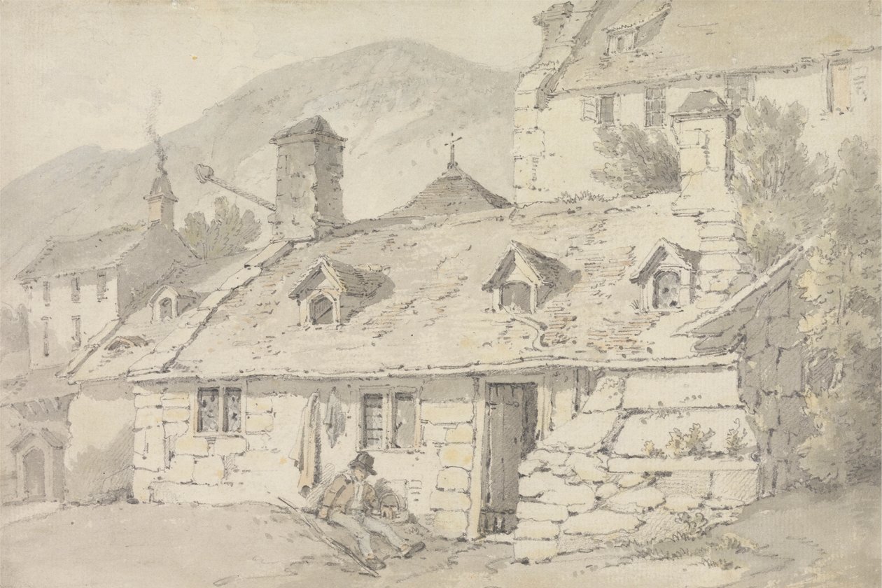 Cottage di Pietra in un Paesaggio Montuoso con una Figura in Primo Piano da William Alexander