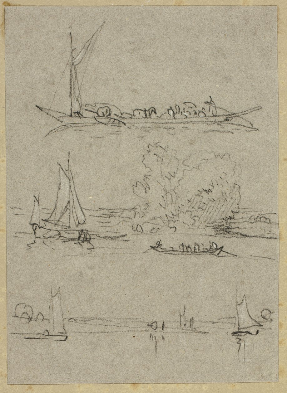 Tre schizzi di barche sul fiume di Düsseldorf da William Alfred Delamotte