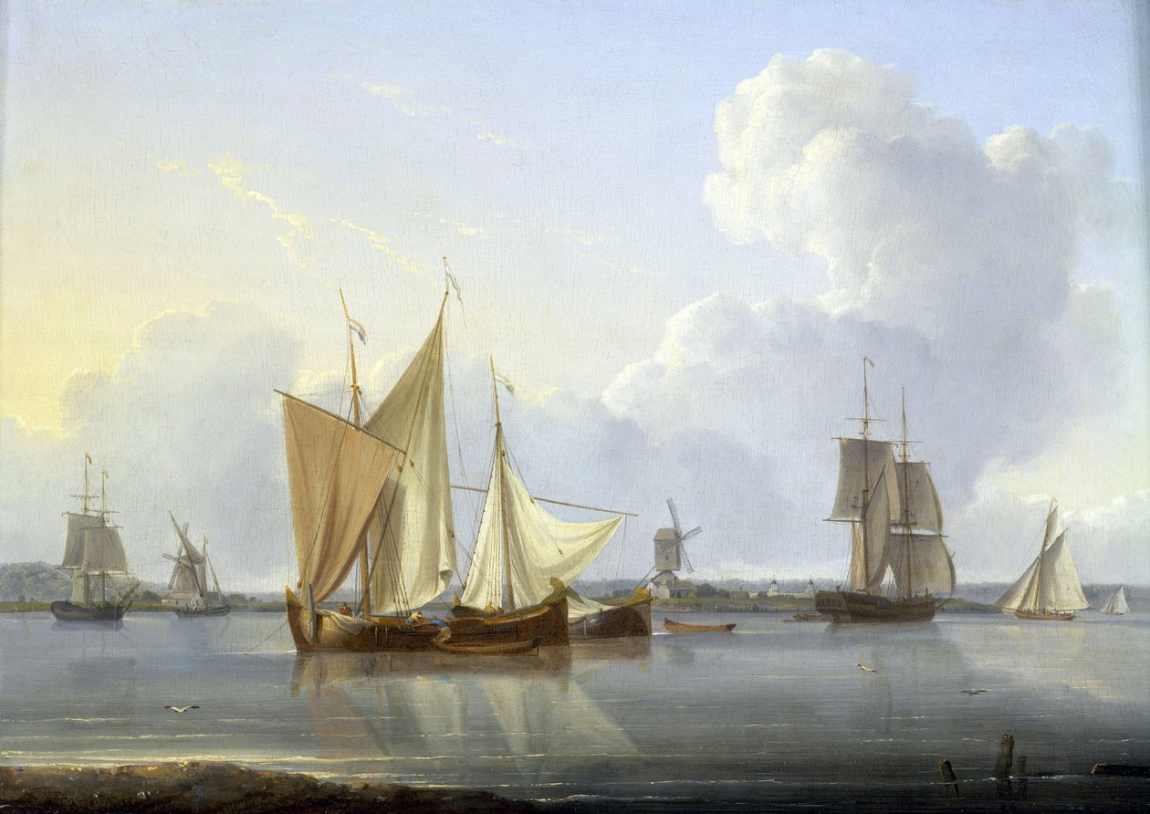 Arrivo a Limehouse, Londra (Inghilterra), varie barche sul Tamigi e un mulino sulla riva, e sulla destra l